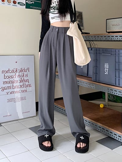 Ikdienas Bikses Sievietēm Vasaras Augsts Viduklis Platas Kājas Pamata Vienkāršs Brīvais laiks Elegants Ikdienas Vispārpiemērots korejiešu stils Šiks Брюки Женские Jaunums