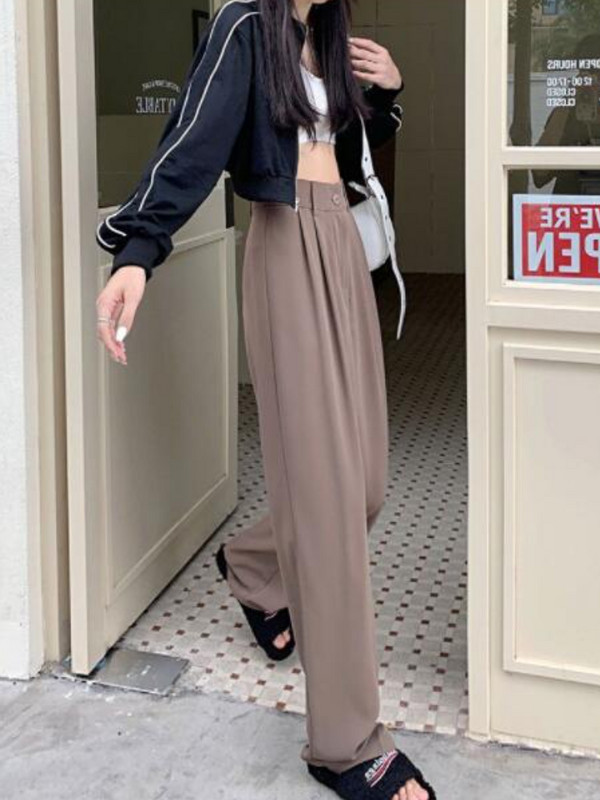 Ikdienas Bikses Sievietēm Vasaras Augsts Viduklis Platas Kājas Pamata Vienkāršs Brīvais laiks Elegants Ikdienas Vispārpiemērots korejiešu stils Šiks Брюки Женские Jaunums