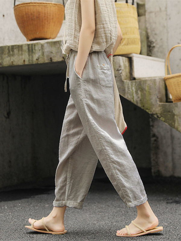 Βαμβακερό λινό μασίφ γυναικείο παντελόνι Άνοιξη Καλοκαίρι Νέες κομψές τσέπες με κορδόνια Casual Work Φορέστε φαρδιά παντελόνι Harem