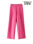 TRAF Női Divatos oldalzsebek Egyenes nadrágok Vintage magas derekú cipzáras légy Női bokanadrágok Mujer