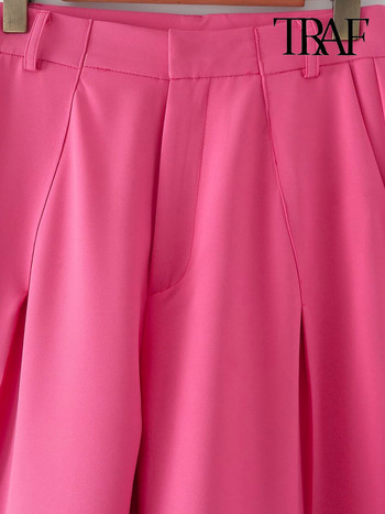 TRAF Γυναικείες τσέπες στο πλάι ίσιο παντελόνι Vintage ψηλόμεσο φερμουάρ Fly Γυναικείο παντελόνι στον αστράγαλο Mujer