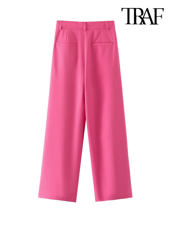 TRAF Női Divatos oldalzsebek Egyenes nadrágok Vintage magas derekú cipzáras légy Női bokanadrágok Mujer