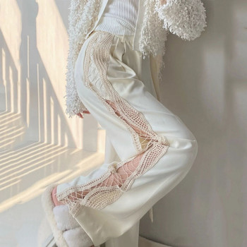 Καλοκαιρινό λευκό δαντέλα στο πλάι Κοίλο ψηλόμεσο φαρδύ ίσιο παντελόνι Casual Gothic Punk Streetwear Μαύρο παντελόνι Harajuku Chic παντελόνι