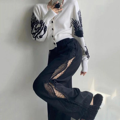 Vasaras baltas mežģīnes sānos dobas ar augstu vidukli, brīvas taisnas bikses ikdienišķs gotikas panks ielas apģērbs melnas bikses Harajuku elegantas bikses