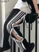 Női nyári kocogó vékony oldalra osztott gombos széles szárú nadrág laza csíkos alkalmi rugalmas, magas derekú melegítőnadrág utcai ruházat