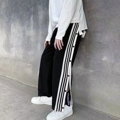 Női nyári kocogó vékony oldalra osztott gombos széles szárú nadrág laza csíkos alkalmi rugalmas, magas derekú melegítőnadrág utcai ruházat