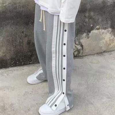 Női nyári kocogó vékony oldalra osztott gombos széles szárú nadrág laza csíkos alkalmi rugalmas, magas derekú melegítőnadrág utcai ruházat