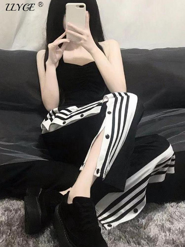 Női nyári kocogó vékony oldalra osztott gombos széles szárú nadrág laza csíkos alkalmi rugalmas, magas derekú melegítőnadrág utcai ruházat