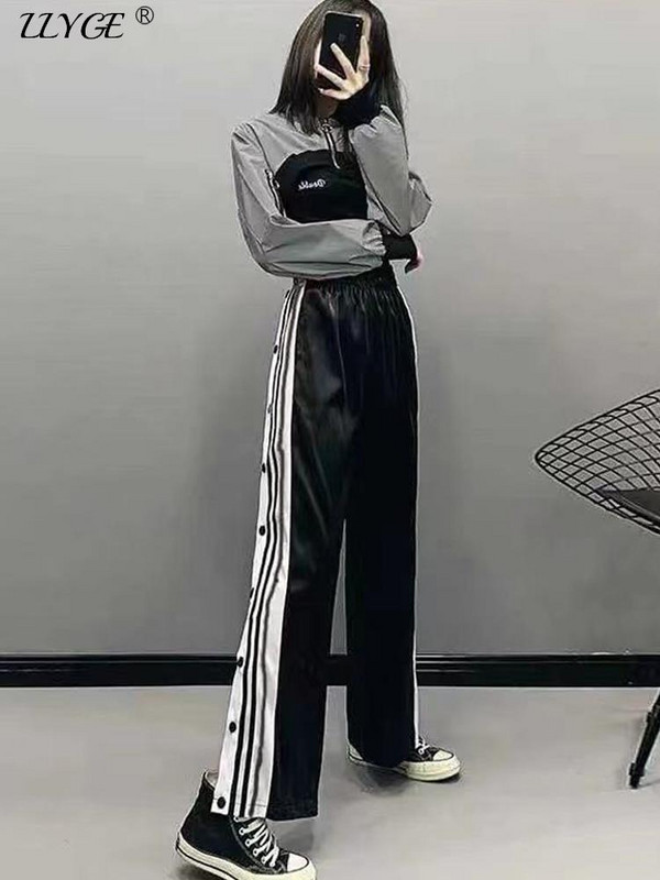 Női nyári kocogó vékony oldalra osztott gombos széles szárú nadrág laza csíkos alkalmi rugalmas, magas derekú melegítőnadrág utcai ruházat