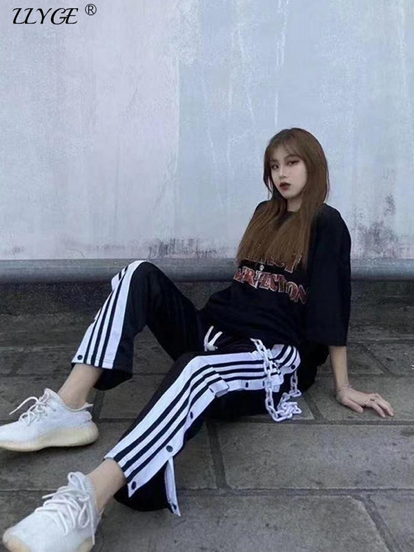 Női nyári kocogó vékony oldalra osztott gombos széles szárú nadrág laza csíkos alkalmi rugalmas, magas derekú melegítőnadrág utcai ruházat