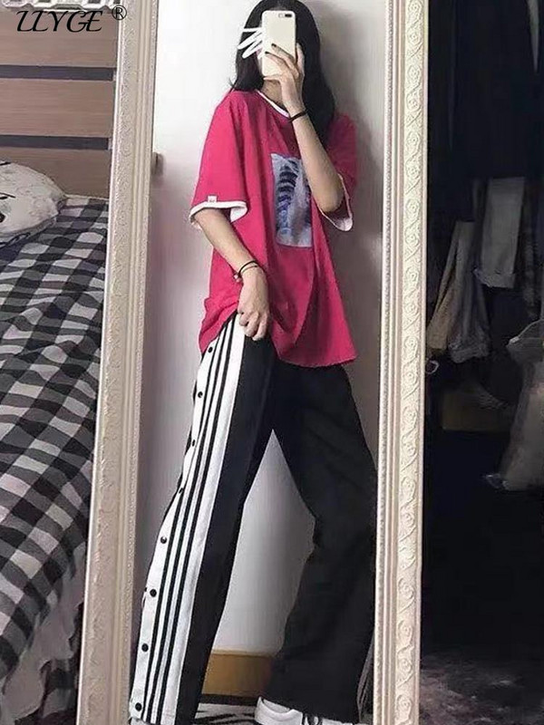 Női nyári kocogó vékony oldalra osztott gombos széles szárú nadrág laza csíkos alkalmi rugalmas, magas derekú melegítőnadrág utcai ruházat