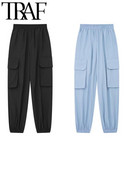 TRAF Nyári Divat Női Cargo Nadrág Rugalmas Magas Derekú Patch Zsebek Bokahosszú Sportnadrág Női Alkalmi Nadrágok Kocogók