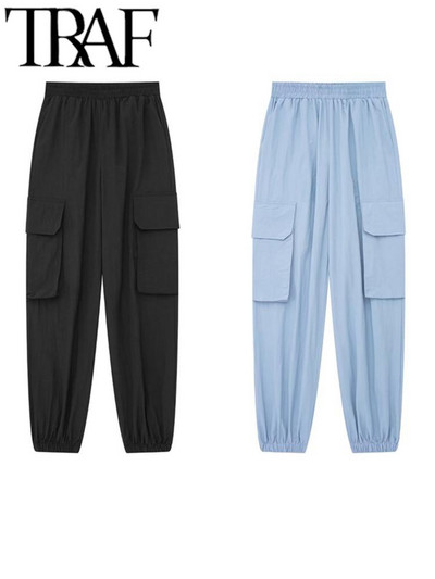 TRAF Moda de vară Pantaloni cargo pentru femei cu buzunare elastice cu talie înaltă Pantaloni sport până la glezne Pantaloni casual pentru femei Joggeri