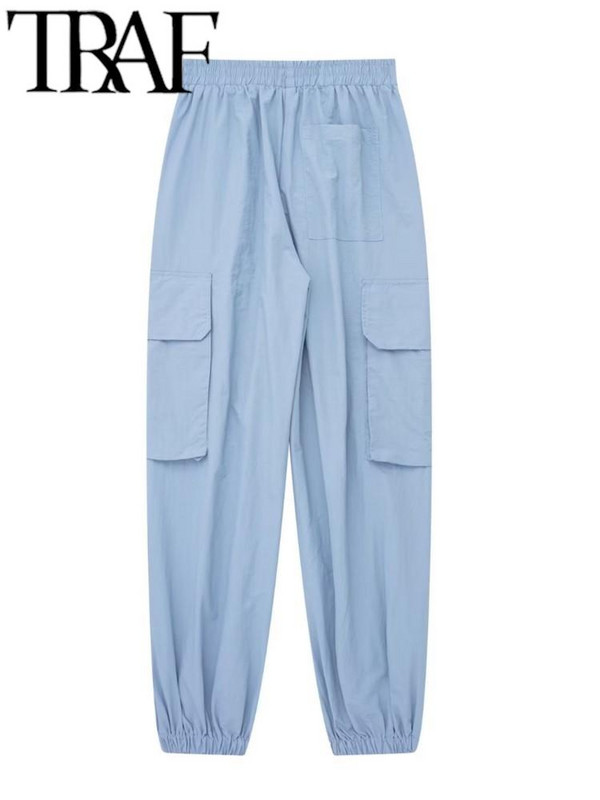 TRAF Nyári Divat Női Cargo Nadrág Rugalmas Magas Derekú Patch Zsebek Bokahosszú Sportnadrág Női Alkalmi Nadrágok Kocogók