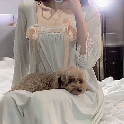 Új hálóingek Női masni Kifinomult, divatos, elegáns hálóruha Kínai négyszögletes galléros hálóruha Édes hercegnőstílusú csipke háziruha