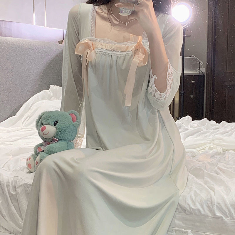 Új hálóingek Női masni Kifinomult, divatos, elegáns hálóruha Kínai négyszögletes galléros hálóruha Édes hercegnőstílusú csipke háziruha