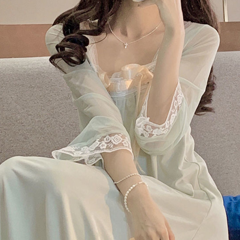 Új hálóingek Női masni Kifinomult, divatos, elegáns hálóruha Kínai négyszögletes galléros hálóruha Édes hercegnőstílusú csipke háziruha