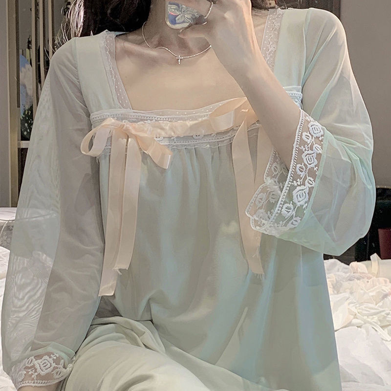 Új hálóingek Női masni Kifinomult, divatos, elegáns hálóruha Kínai négyszögletes galléros hálóruha Édes hercegnőstílusú csipke háziruha