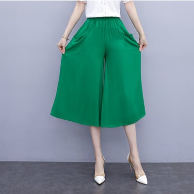 Pantaloni largi trei sferturi de damă, uni, de vară, pantaloni largi, talie elastică, buzunare elegante, pantaloni casual pentru femei 2022