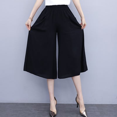 Pantaloni largi trei sferturi de damă, uni, de vară, pantaloni largi, talie elastică, buzunare elegante, pantaloni casual pentru femei 2022