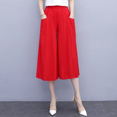 Pantaloni largi trei sferturi de damă, uni, de vară, pantaloni largi, talie elastică, buzunare elegante, pantaloni casual pentru femei 2022