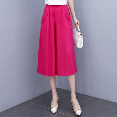 Pantaloni largi trei sferturi de damă, uni, de vară, pantaloni largi, talie elastică, buzunare elegante, pantaloni casual pentru femei 2022