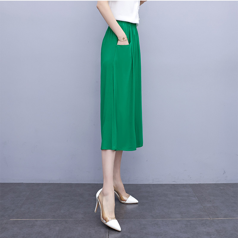 Pantaloni largi trei sferturi de damă, uni, de vară, pantaloni largi, talie elastică, buzunare elegante, pantaloni casual pentru femei 2022