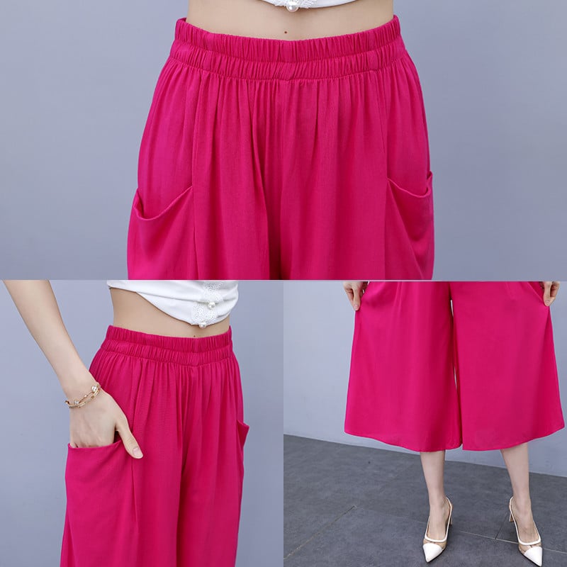 Pantaloni largi trei sferturi de damă, uni, de vară, pantaloni largi, talie elastică, buzunare elegante, pantaloni casual pentru femei 2022