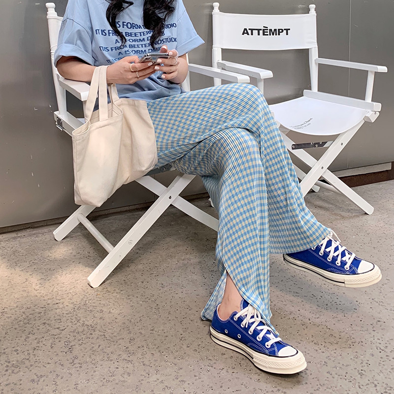 Alkalmi nadrágok széles szárú, laza kockás divat nyári vékony, teljesen illeszkedő, oldalt hasított, magas derekú utcai viselet Egyszerű női koreai stílus Új