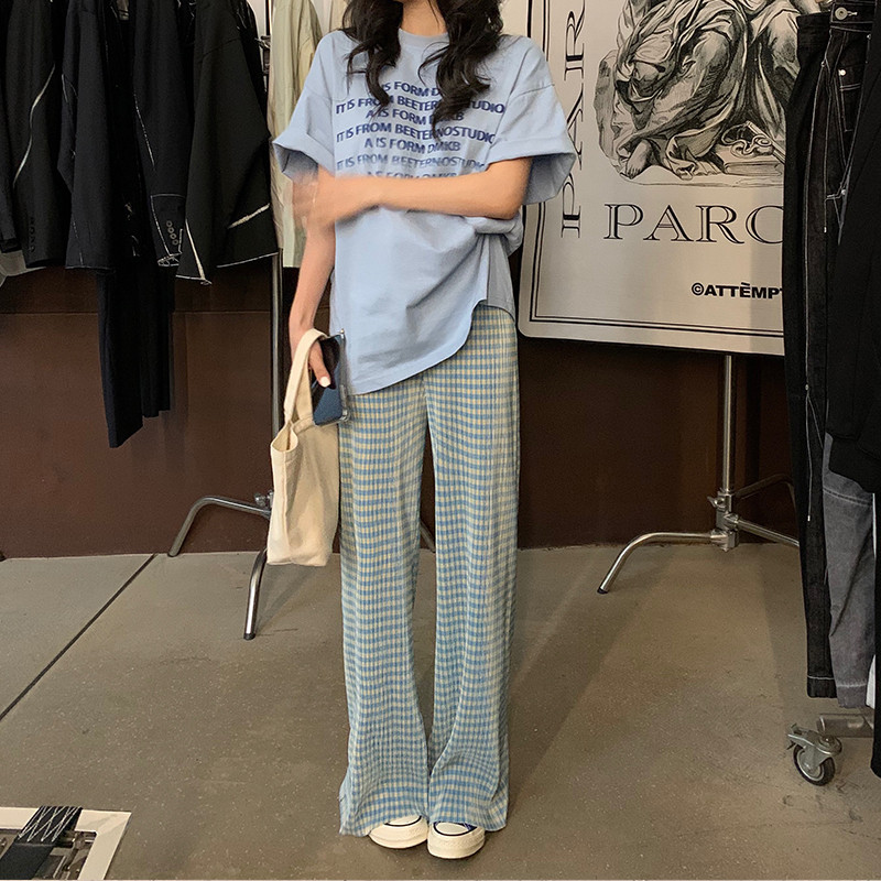 Alkalmi nadrágok széles szárú, laza kockás divat nyári vékony, teljesen illeszkedő, oldalt hasított, magas derekú utcai viselet Egyszerű női koreai stílus Új