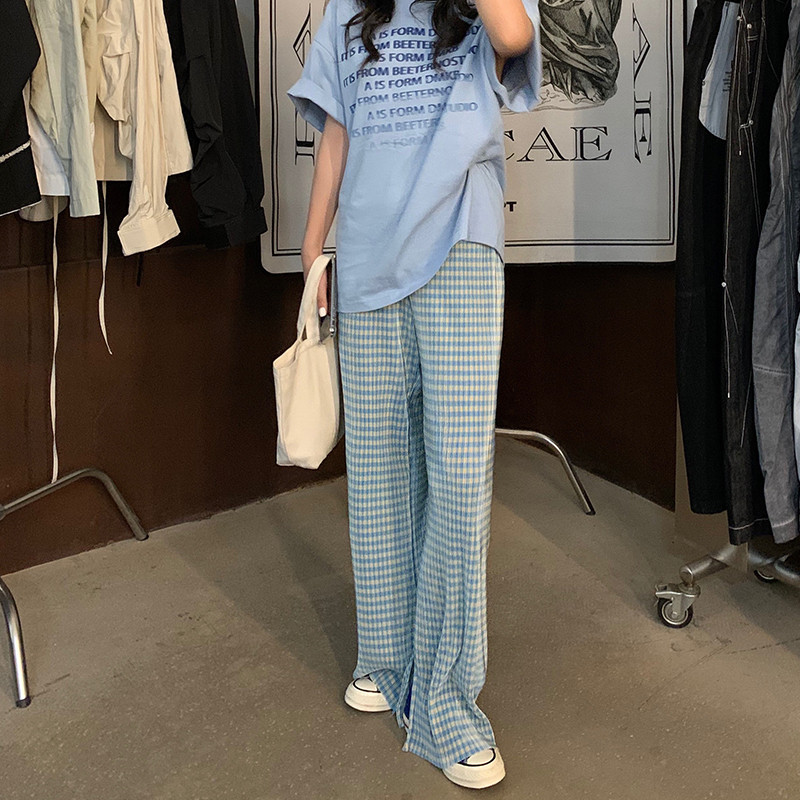 Alkalmi nadrágok széles szárú, laza kockás divat nyári vékony, teljesen illeszkedő, oldalt hasított, magas derekú utcai viselet Egyszerű női koreai stílus Új