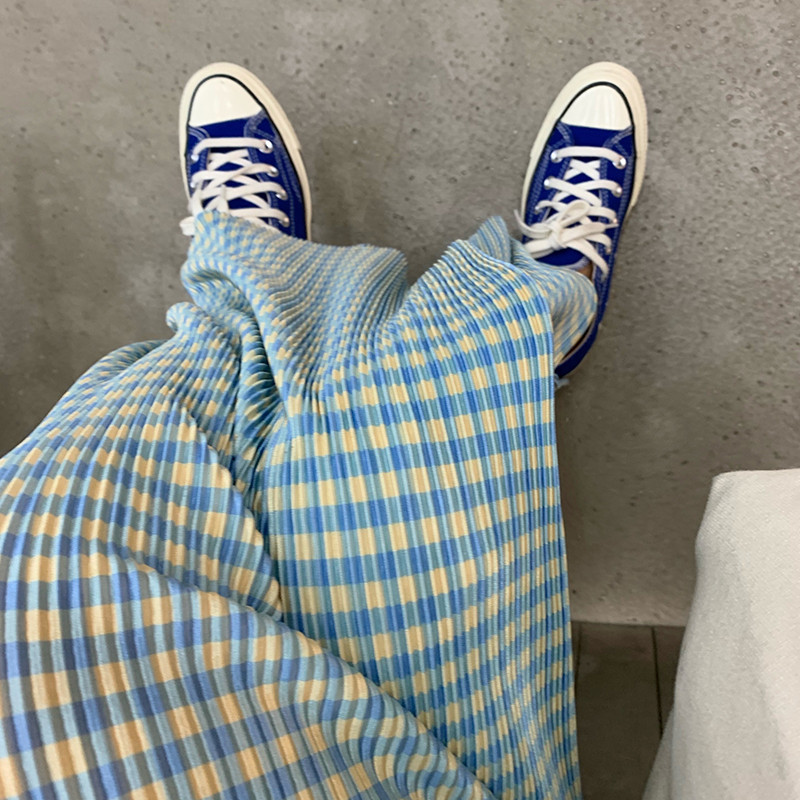 Alkalmi nadrágok széles szárú, laza kockás divat nyári vékony, teljesen illeszkedő, oldalt hasított, magas derekú utcai viselet Egyszerű női koreai stílus Új