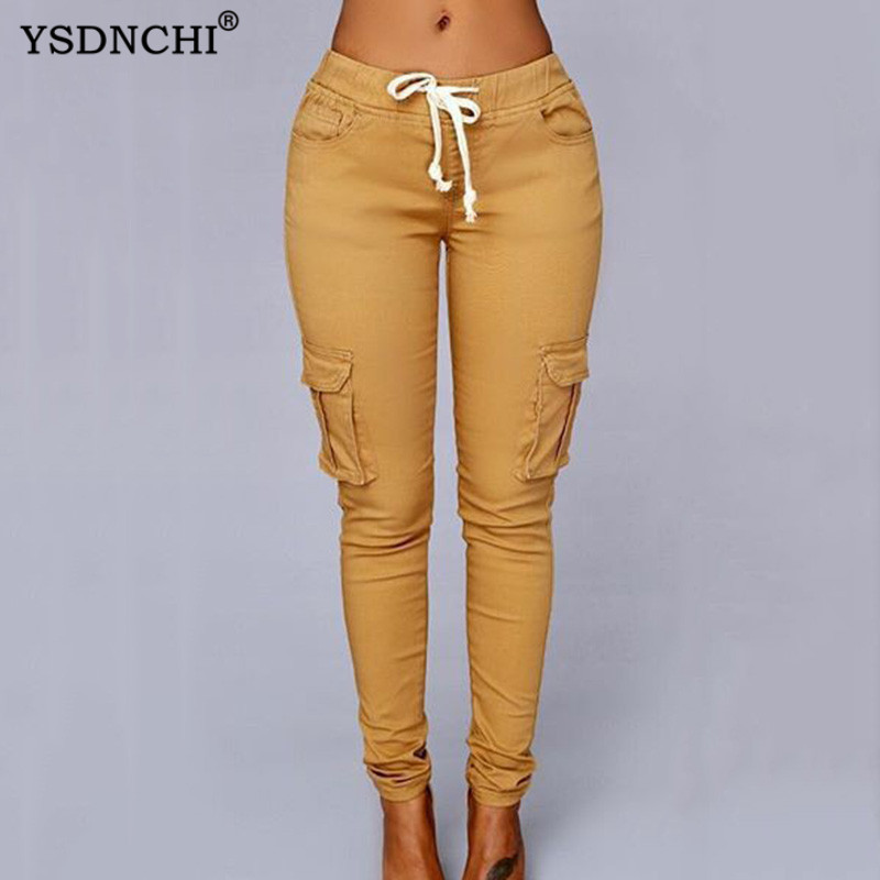 YSDNCHI Cargo hlače pencil hlače na vezanje do struka Ležerne ženske džepove Slim Fit Streetwear XXL Streetwear Fashion