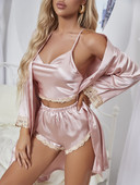 Seksualus nėriniuotų šilko pižamų komplektas, moteriškas 3 vnt.