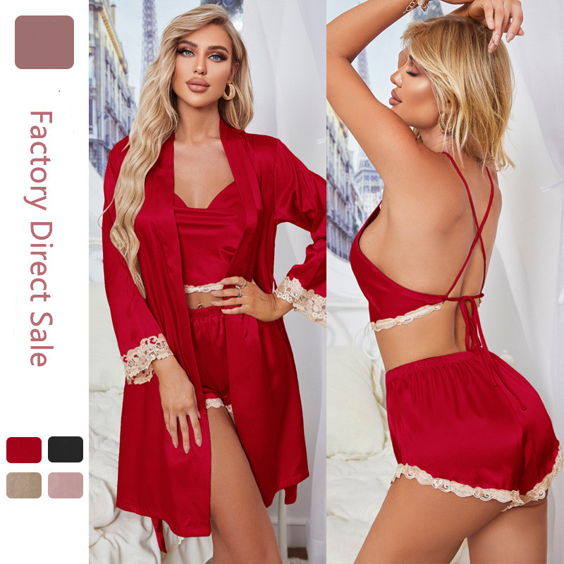 Seksualus nėriniuotų šilko pižamų komplektas, moteriškas 3 vnt.