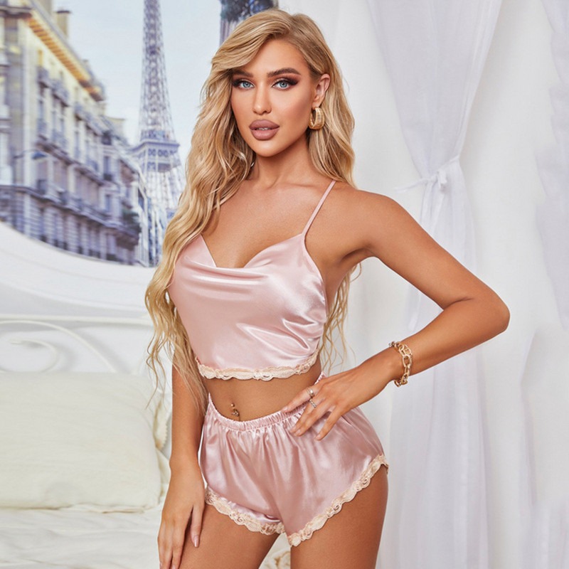 Seksualus nėriniuotų šilko pižamų komplektas, moteriškas 3 vnt.