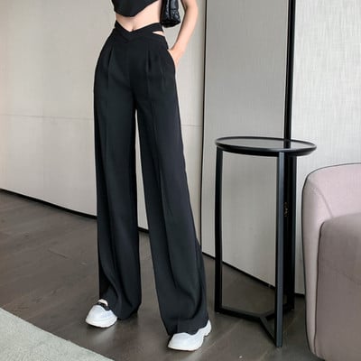 Pantaloni cu picior lat pentru femei, vară, largi, subțiri, cu talie înaltă, design vintage, pentru femei, solid, modă, stil coreean, ocazional, Harajuku