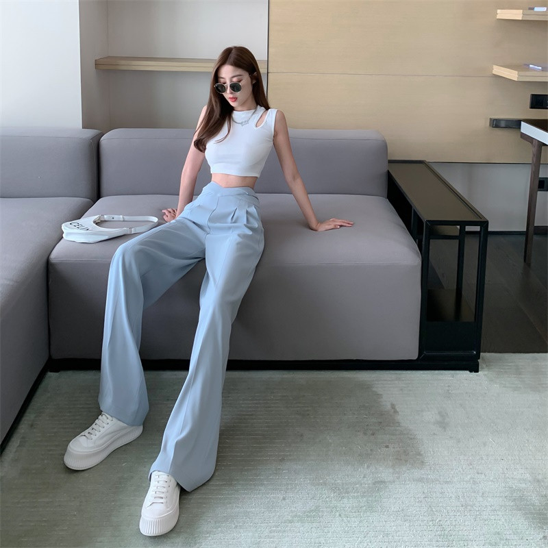 Pantaloni cu picior lat pentru femei, vară, largi, subțiri, cu talie înaltă, design vintage, pentru femei, solid, modă, stil coreean, ocazional, Harajuku