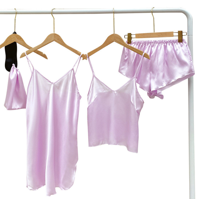 5db virágmintás Satin Cami felső és Cami ruha és rövidnadrág és köntös kozmetikai táskával