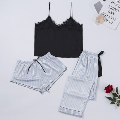 3 gab. Pidžamas komplekts, svītraini apdrukas pidžamas komplekti, seksīgi guļamveļa pidžamas sieviešu lielizmēra mājas uzvalks atpūtas apģērbs apakšveļa pidžamas naktskrekls