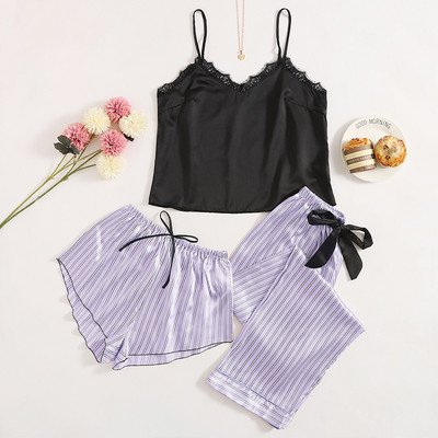 3 gab. Pidžamas komplekts, svītraini apdrukas pidžamas komplekti, seksīgi guļamveļa pidžamas sieviešu lielizmēra mājas uzvalks atpūtas apģērbs apakšveļa pidžamas naktskrekls