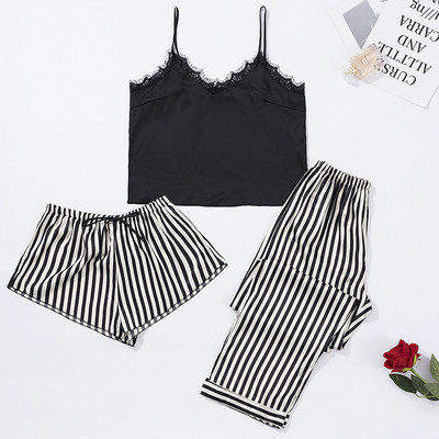 3 gab. Pidžamas komplekts, svītraini apdrukas pidžamas komplekti, seksīgi guļamveļa pidžamas sieviešu lielizmēra mājas uzvalks atpūtas apģērbs apakšveļa pidžamas naktskrekls