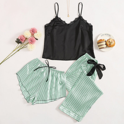 3 gab. Pidžamas komplekts, svītraini apdrukas pidžamas komplekti, seksīgi guļamveļa pidžamas sieviešu lielizmēra mājas uzvalks atpūtas apģērbs apakšveļa pidžamas naktskrekls