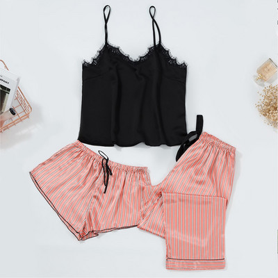 3 gab. Pidžamas komplekts, svītraini apdrukas pidžamas komplekti, seksīgi guļamveļa pidžamas sieviešu lielizmēra mājas uzvalks atpūtas apģērbs apakšveļa pidžamas naktskrekls