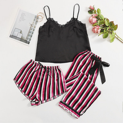 3 gab. Pidžamas komplekts, svītraini apdrukas pidžamas komplekti, seksīgi guļamveļa pidžamas sieviešu lielizmēra mājas uzvalks atpūtas apģērbs apakšveļa pidžamas naktskrekls