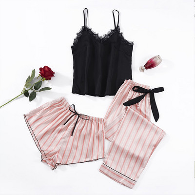 3 gab. Pidžamas komplekts, svītraini apdrukas pidžamas komplekti, seksīgi guļamveļa pidžamas sieviešu lielizmēra mājas uzvalks atpūtas apģērbs apakšveļa pidžamas naktskrekls