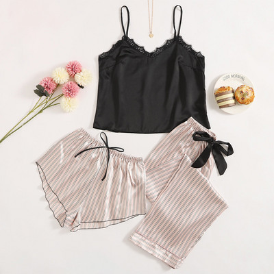 3 gab. Pidžamas komplekts, svītraini apdrukas pidžamas komplekti, seksīgi guļamveļa pidžamas sieviešu lielizmēra mājas uzvalks atpūtas apģērbs apakšveļa pidžamas naktskrekls