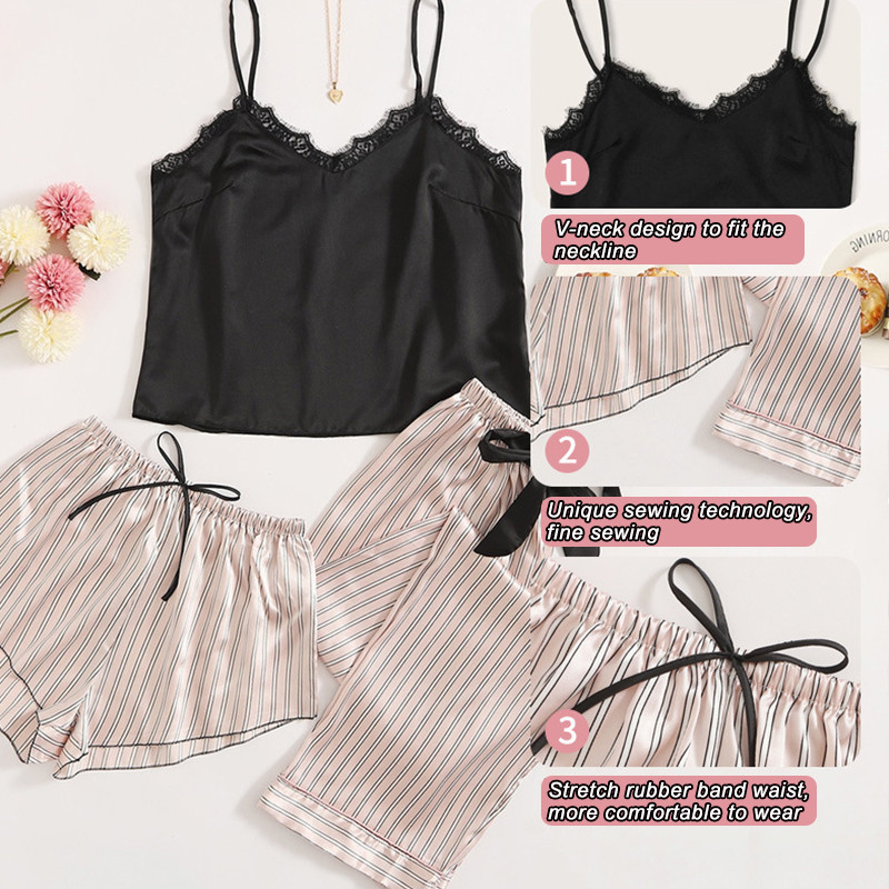 3 gab. Pidžamas komplekts, svītraini apdrukas pidžamas komplekti, seksīgi guļamveļa pidžamas sieviešu lielizmēra mājas uzvalks atpūtas apģērbs apakšveļa pidžamas naktskrekls