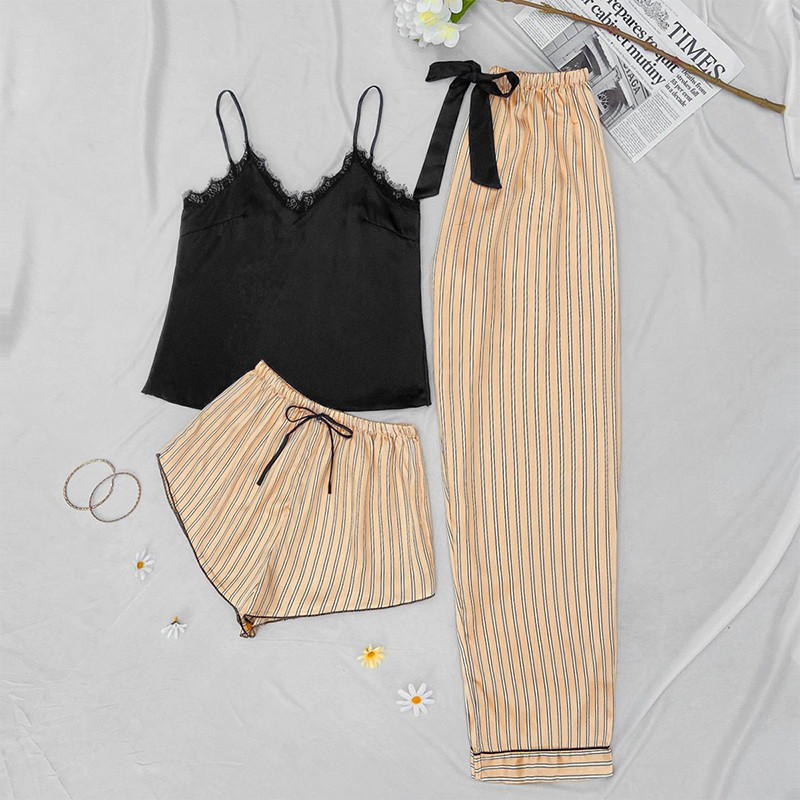 3 gab. Pidžamas komplekts, svītraini apdrukas pidžamas komplekti, seksīgi guļamveļa pidžamas sieviešu lielizmēra mājas uzvalks atpūtas apģērbs apakšveļa pidžamas naktskrekls