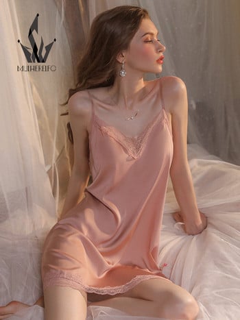 Mulherelfo Sexy Nightwear Lace V Neck Sling Nightdress Women Nighties Temptation Μεταξωτό σατέν Mini Sleep φόρεμα νυχτικά